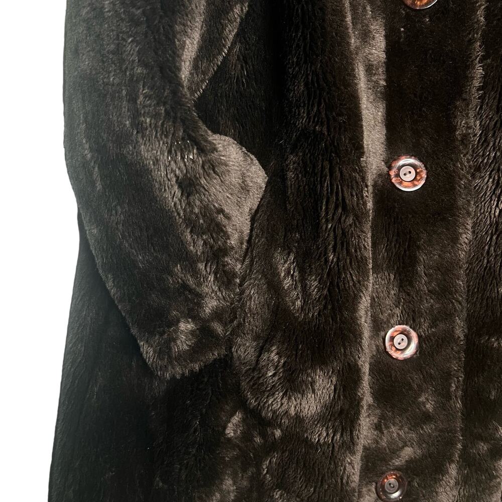 Vintage 60s Brown Faux Fur Swing Coat Button Front Collared Pockets Rockabilly - Picture 6 of 11